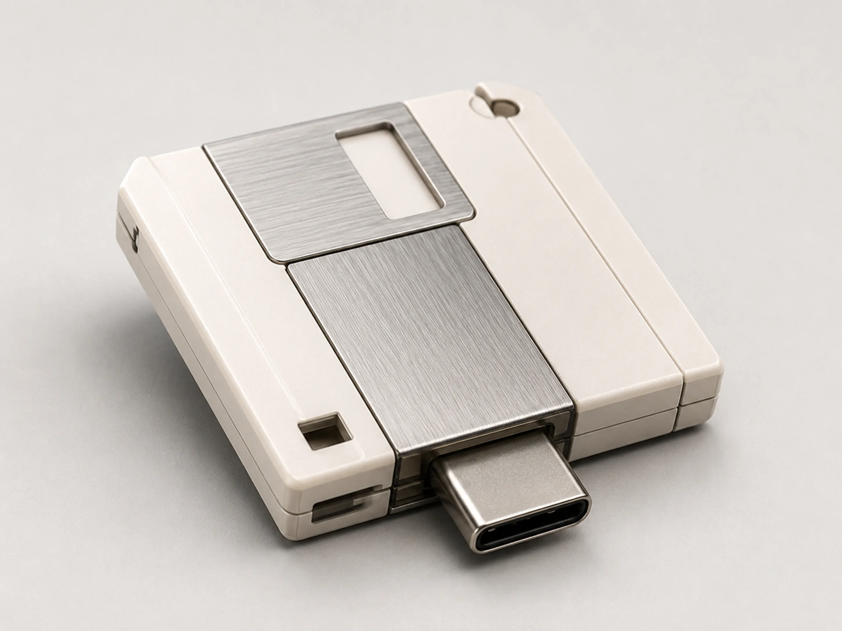USB con forma de disquete comprimido — render de estudio