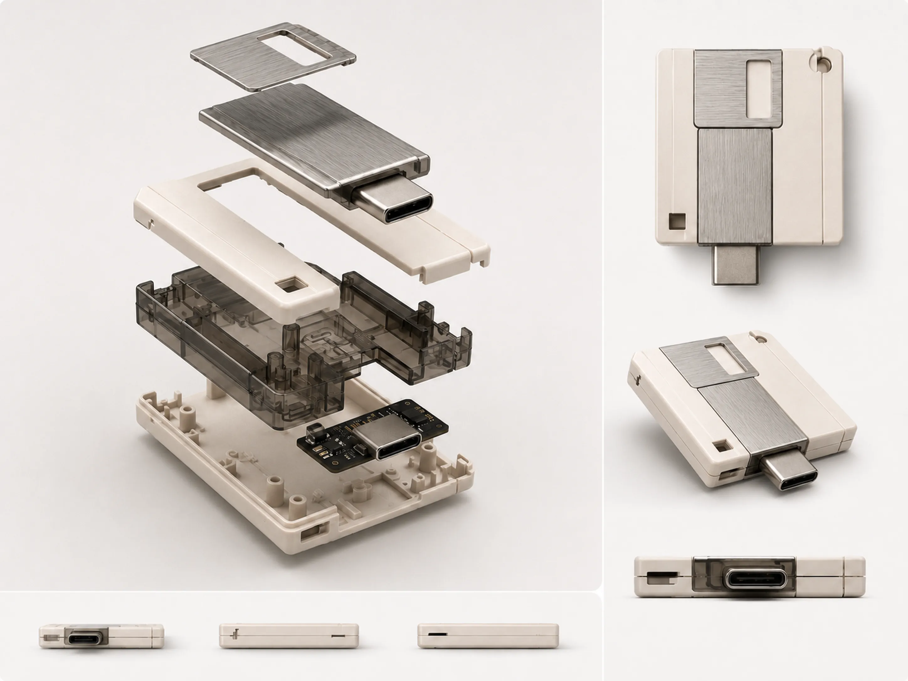 USB con forma de disquete comprimido — despiece técnico