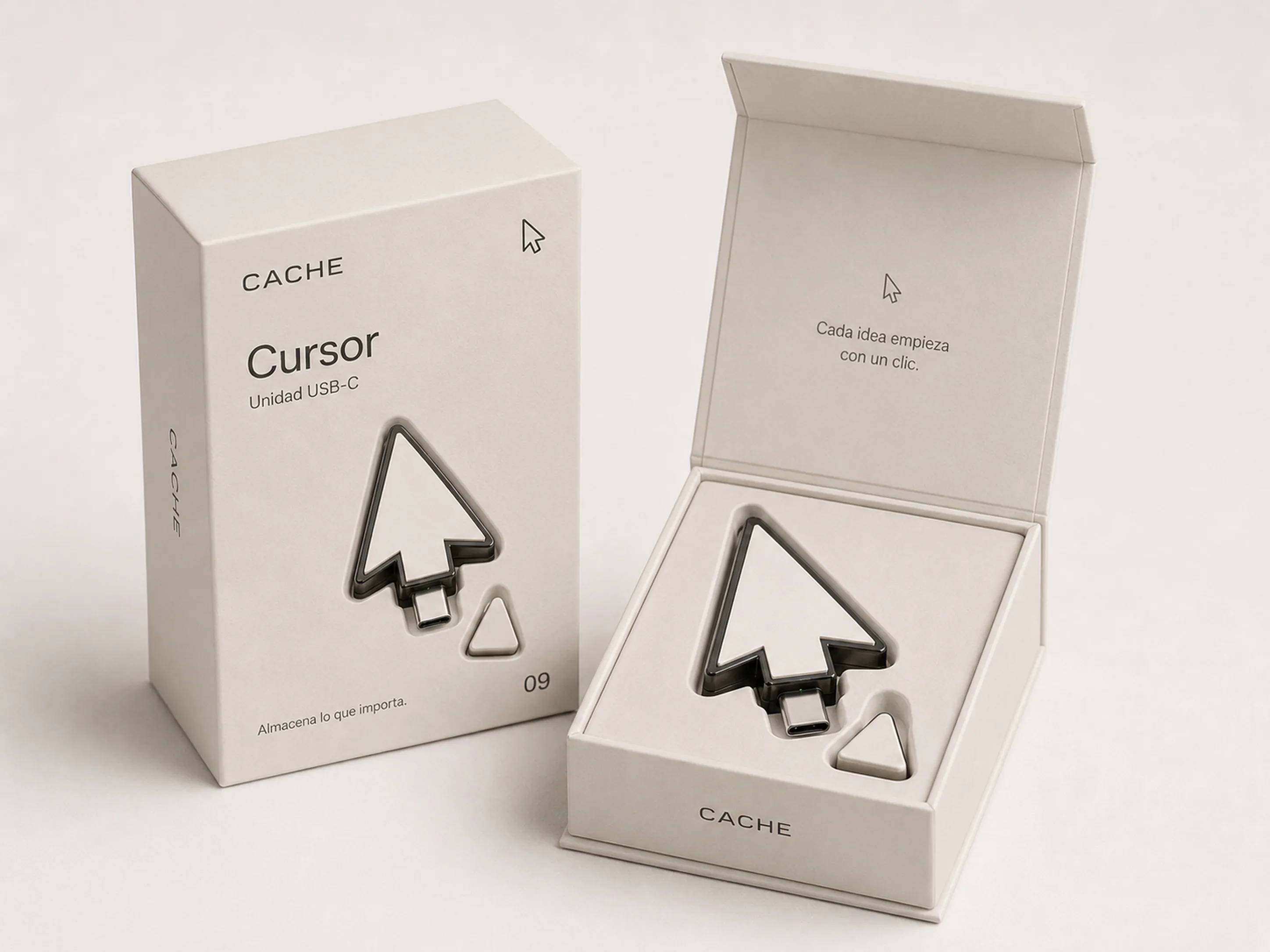 USB con forma de cursor — packaging