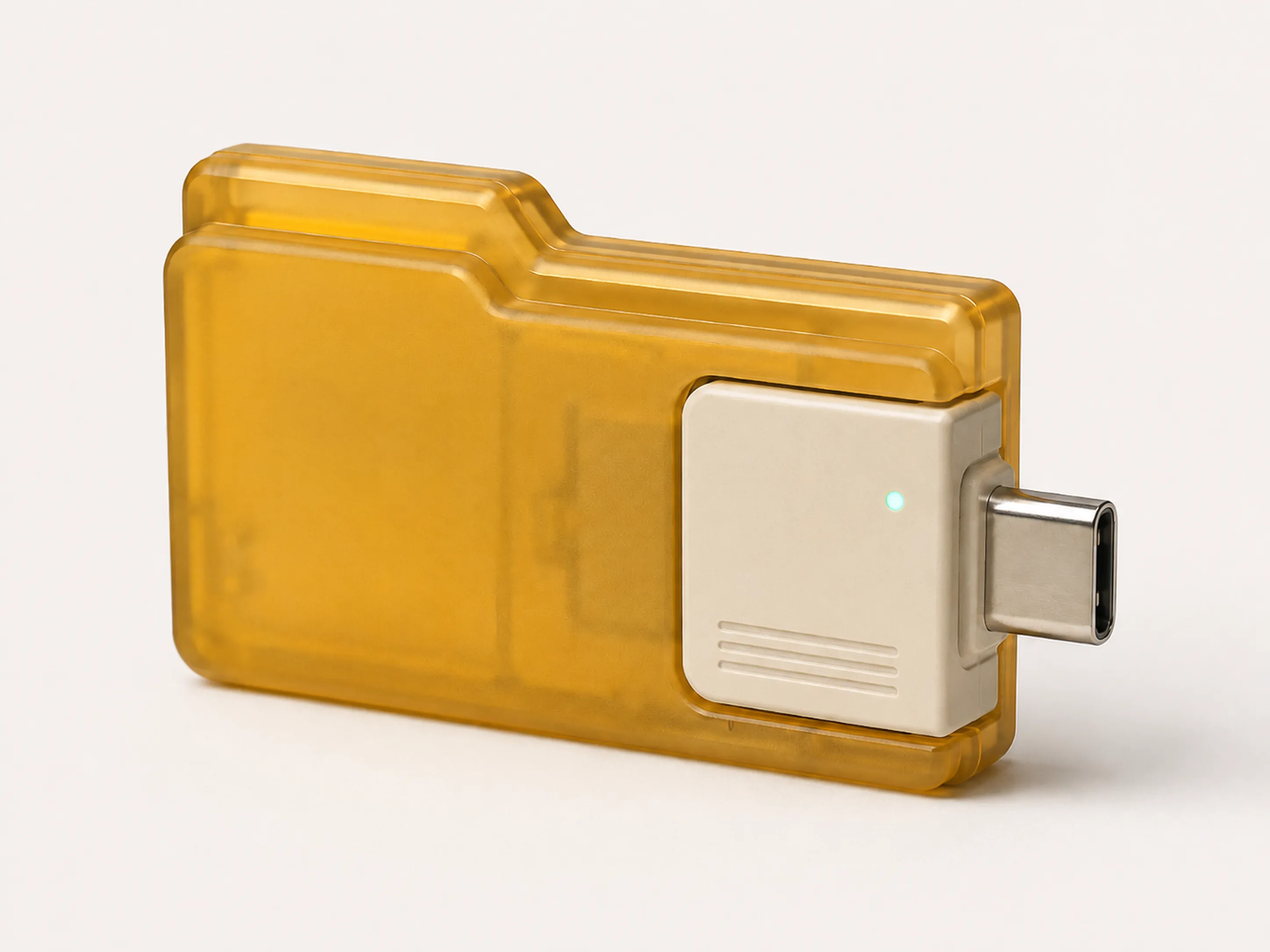 USB con forma de carpeta amarilla — render de estudio