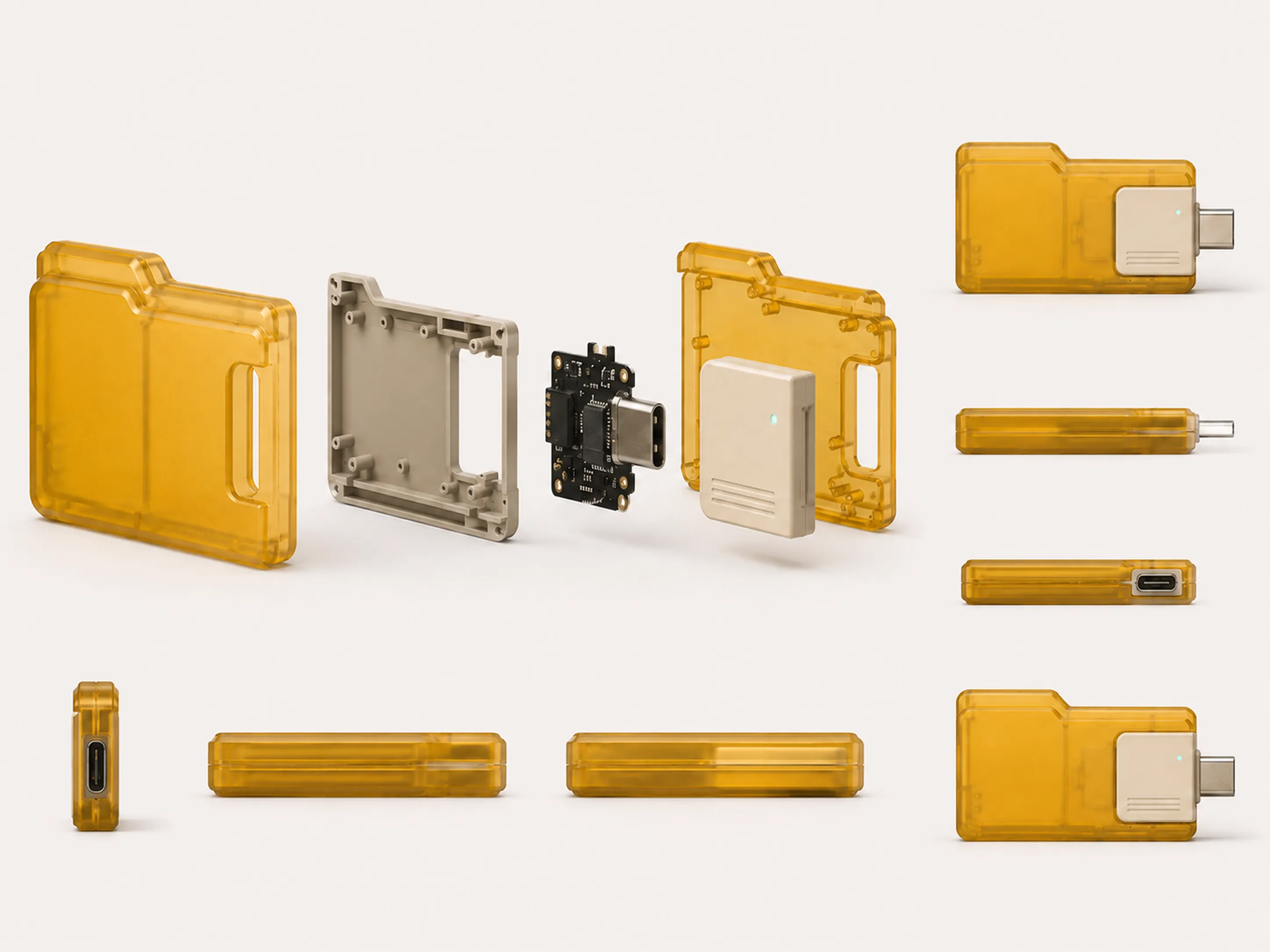 USB con forma de carpeta amarilla — despiece técnico