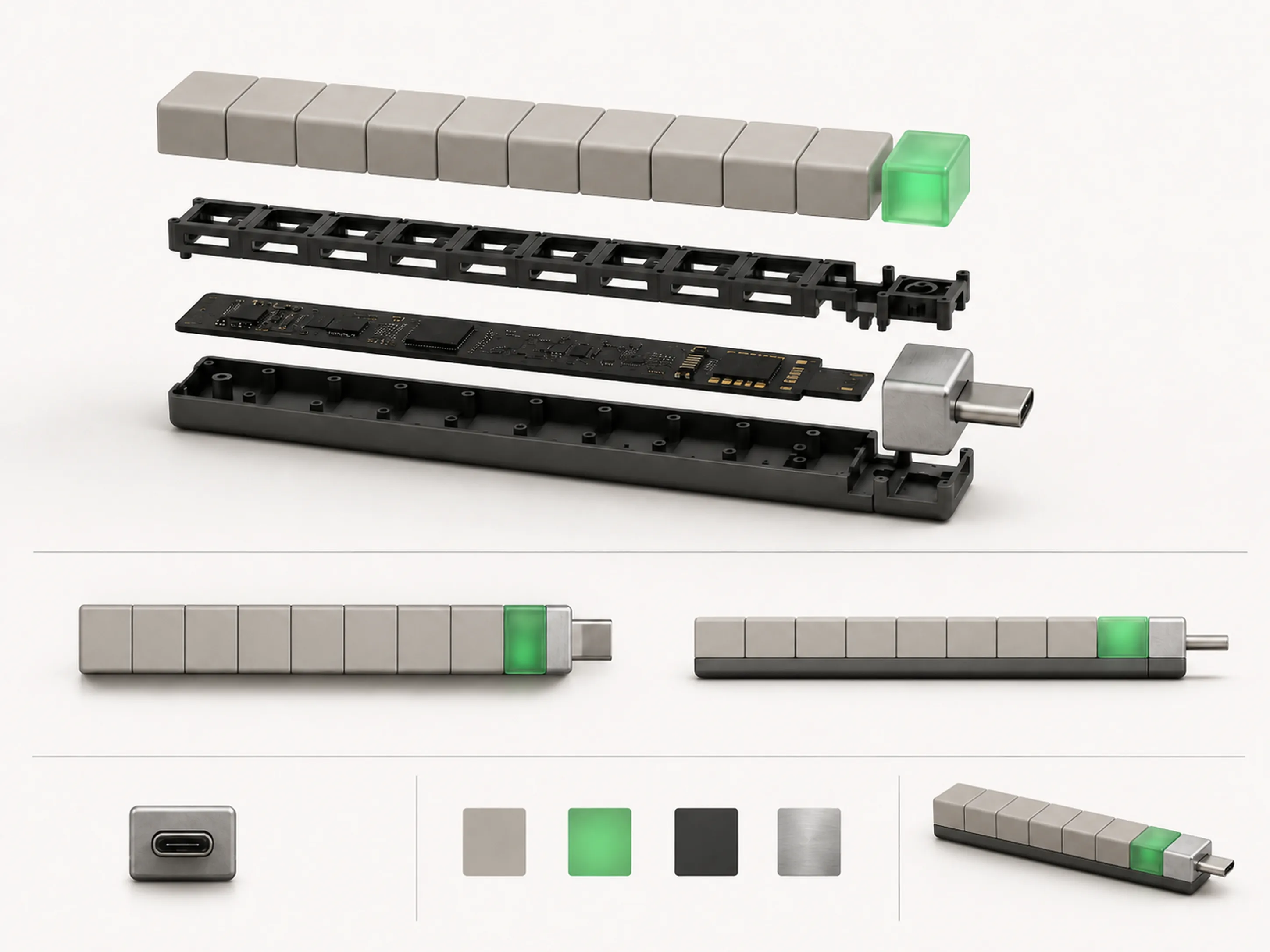 USB con forma de barra de carga — despiece técnico