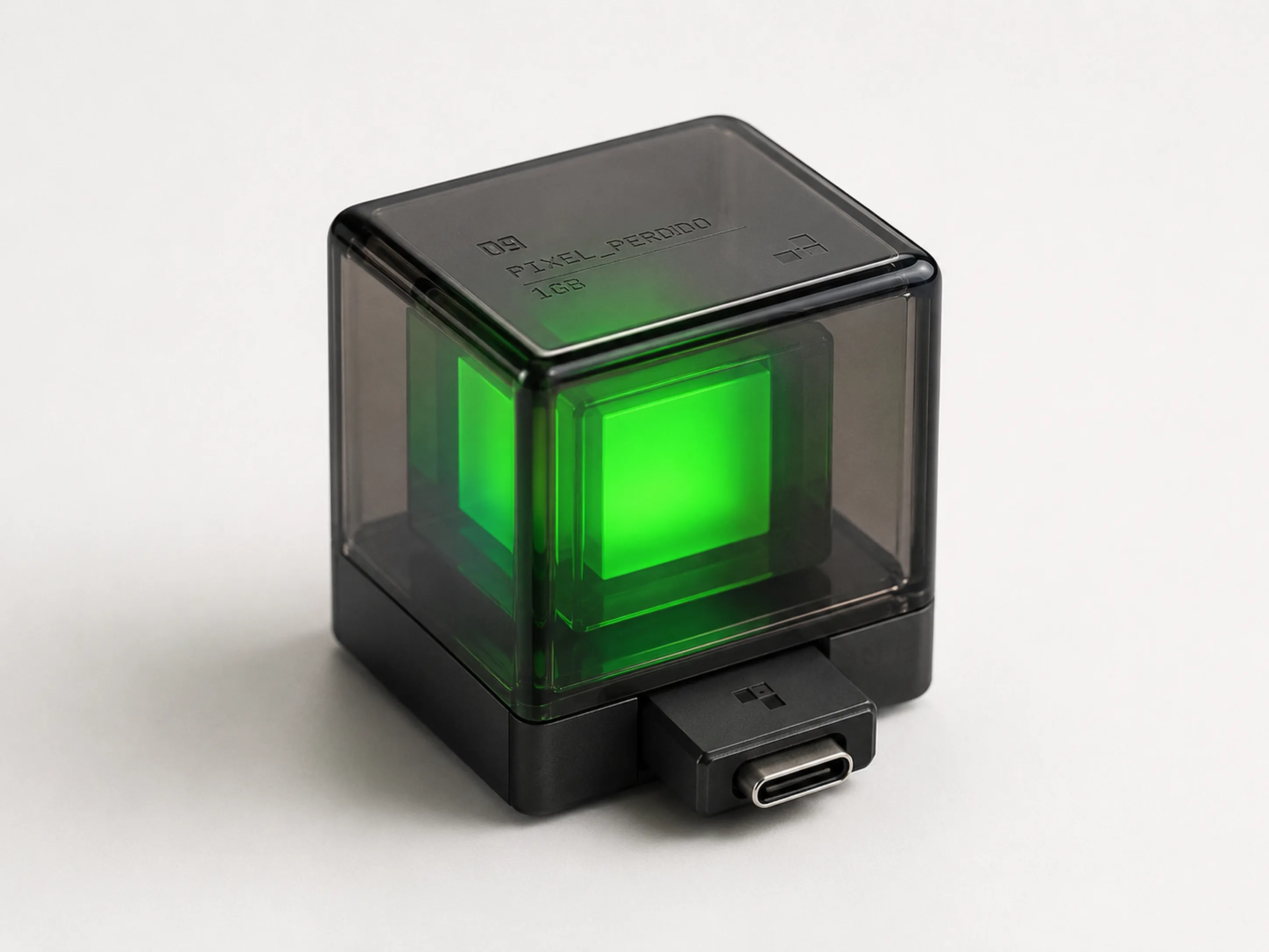 USB con forma de píxel perdido — render de estudio