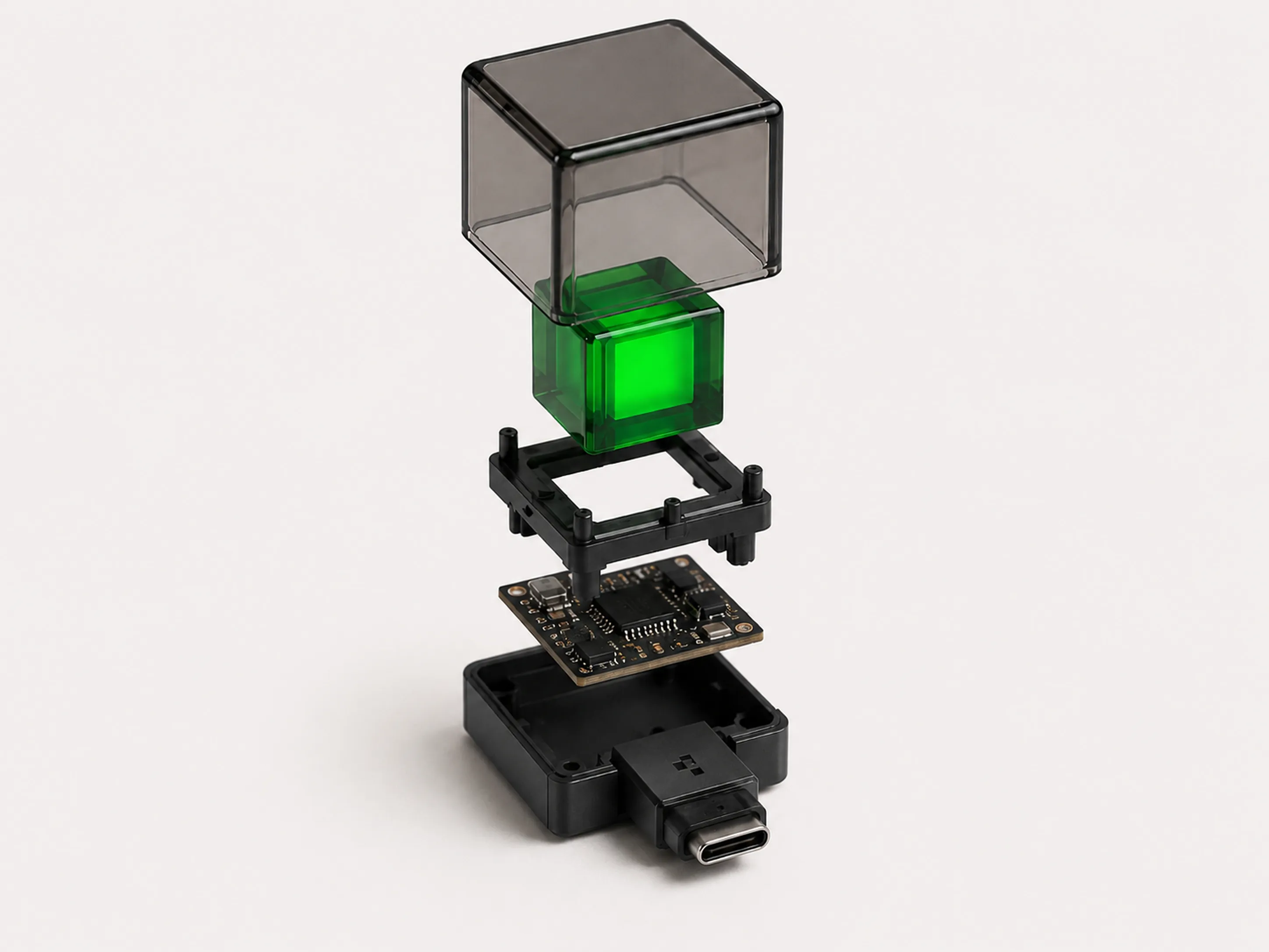 USB con forma de píxel perdido — despiece técnico